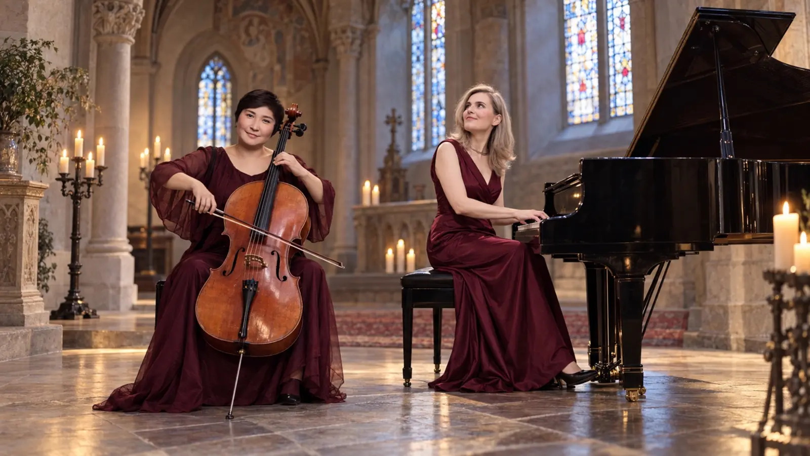 SwissDuo mit Klavier und Cello bei einer Zeremonie im festlichen Kirchenraum