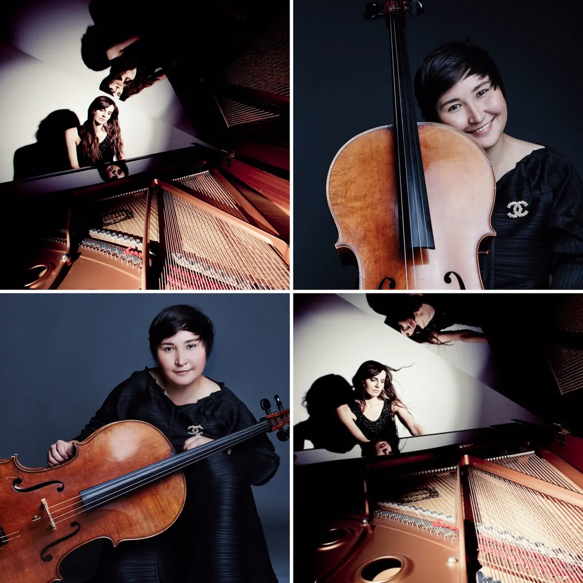 Collage de portraits d’Irina au piano à queue et de Sandi avec son violoncelle