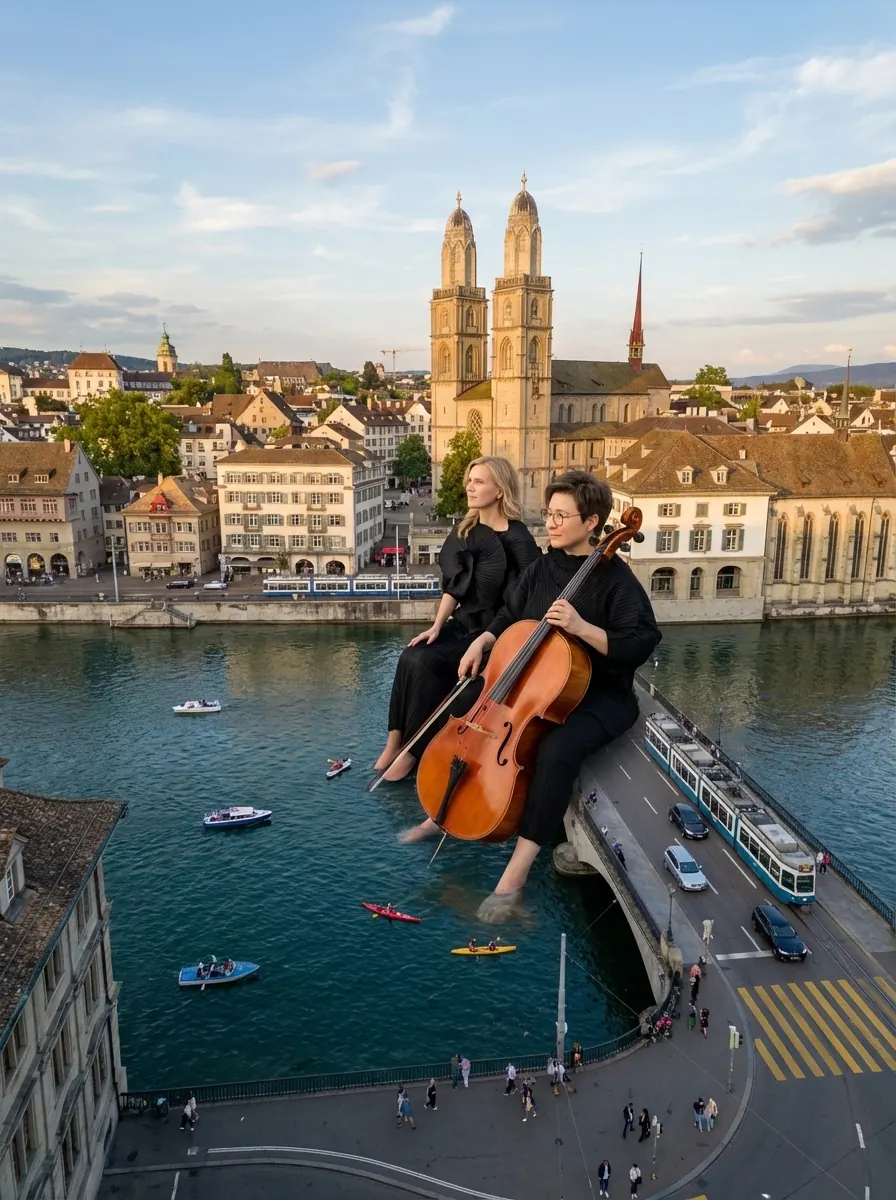 Portrait artistique de SwissDuo au-dessus de la Limmat avec le Grossmünster en arrière-plan